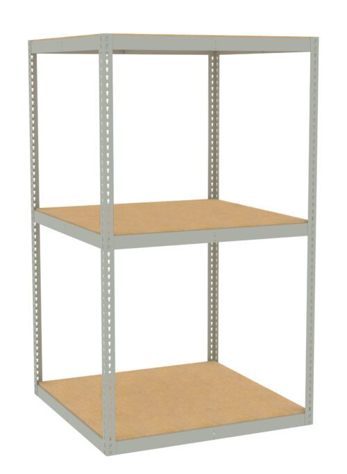 Metal shelving unit with two wooden shelves, shown against a white background. The frame is light gray, and the design is simple and industrial.