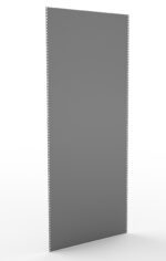 A tall, rectangular gray punching bag hanging upright. The bag has a smooth surface with evenly spaced holes running vertically along its edges, indicating attachment points. It stands against a neutral, white background.