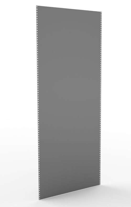 A tall, rectangular gray punching bag hanging upright. The bag has a smooth surface with evenly spaced holes running vertically along its edges, indicating attachment points. It stands against a neutral, white background.