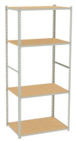 Metal storage shelf unit with a silver frame and four adjustable wooden shelves. The design is simple and functional, suitable for organizing various items in a home, garage, or office space.