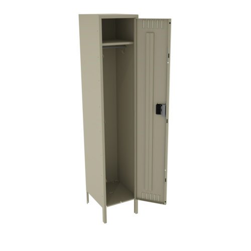 A tall beige metal locker with a partially open door is shown. It has a single compartment with a metal hook inside. The door features a ventilation design and a built-in lock. The locker stands on four short legs.
