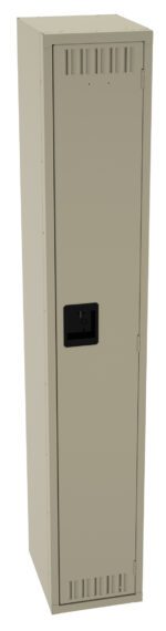 A tall, beige metal locker with a black handle and vented detailing at the top and bottom of the front door.