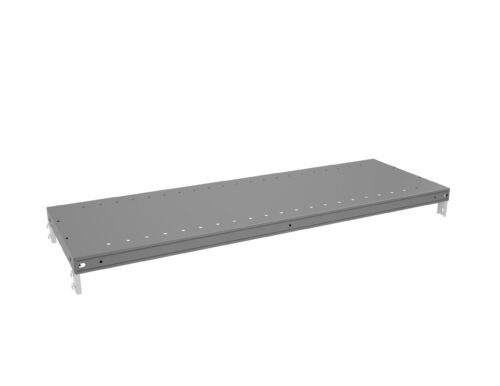A silver metal shelf with a smooth surface, featuring small holes in a linear pattern along its edges. It has brackets on both ends for mounting. The design is simple and functional, suitable for various storage needs.