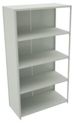 A gray metal shelving unit with five adjustable shelves. The unit is empty and stands upright, showcasing a simple design with perforated sides for shelf adjustment.