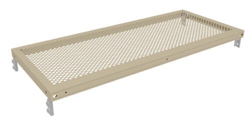 A beige metal shelf with a perforated surface and side brackets for mounting. It has a rectangular shape and numerous small circular holes for ventilation or drainage.