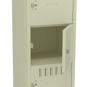 A tall beige locker with four compartments. The second compartment from the top is open, showing a small empty interior. The locker has ventilation slots and small circular locks on each compartment.
