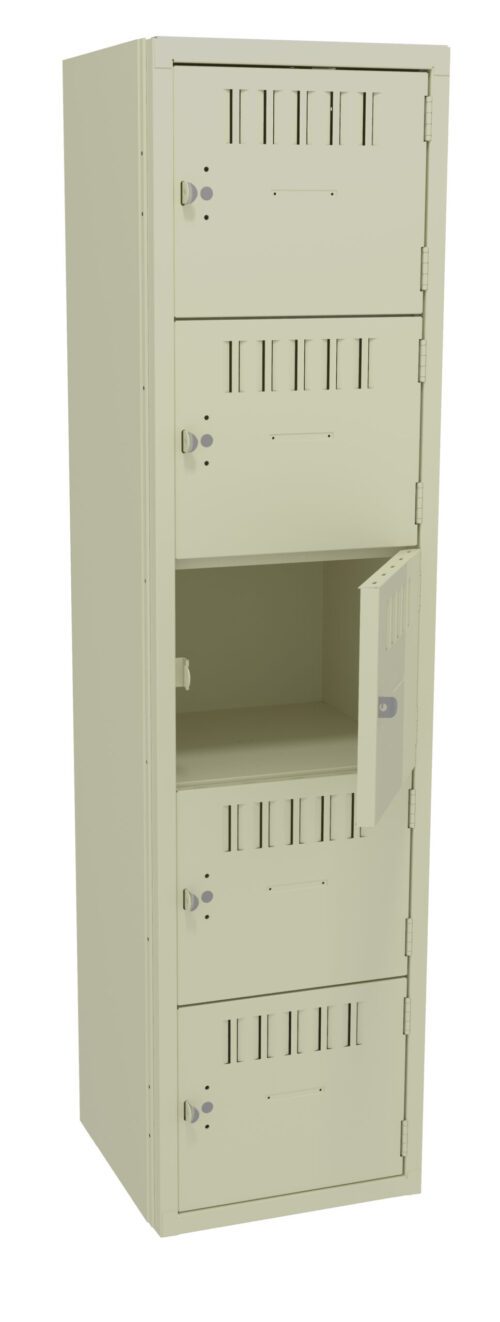 A tall beige locker with four compartments. The second compartment from the top is open, showing a small empty interior. The locker has ventilation slots and small circular locks on each compartment.