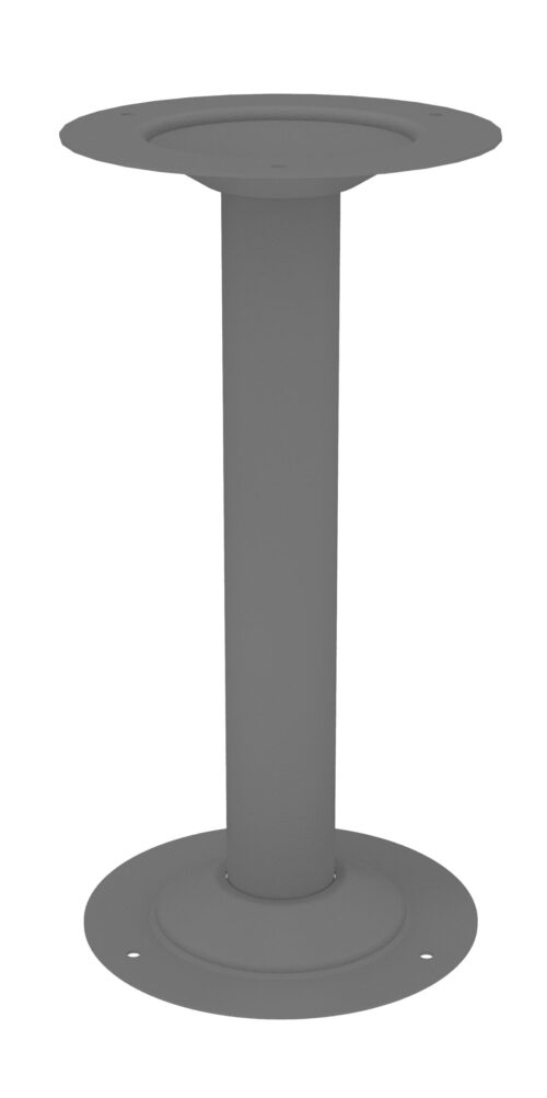 A gray, cylindrical metal base with circular plates on both ends. It appears designed to support a table or structure, featuring bolt holes for securing. The surface is smooth and unadorned.