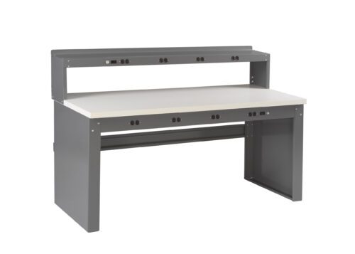A gray and white two-tier metal desk with multiple electrical outlets and USB ports on both tiers. The desk has a sturdy rectangular frame and a spacious top surface for work or electronics.