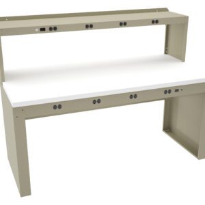 A beige workbench with a hutch and a white tabletop. The bench features numerous power outlets and USB ports on both levels, designed for electrical equipment connectivity. The structure is robust, suitable for technical or laboratory environments.