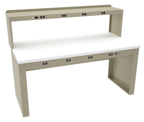 dgzum9ohmeht3cbhm8c5.jpg A beige workbench with a hutch and a white tabletop. The bench features numerous power outlets and USB ports on both levels, designed for electrical equipment connectivity. The structure is robust, suitable for technical or laboratory environments.