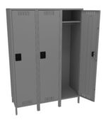 A gray metal locker unit with three compartments, standing on legs. The left two doors are closed, while the right door is open, revealing an empty interior with a shelf and hanging bar. Each door has a ventilation grill and a black handle.