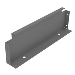 A gray metal bracket with a flat base and four holes for mounting. The design includes two vertical sections for added support, forming a channel.