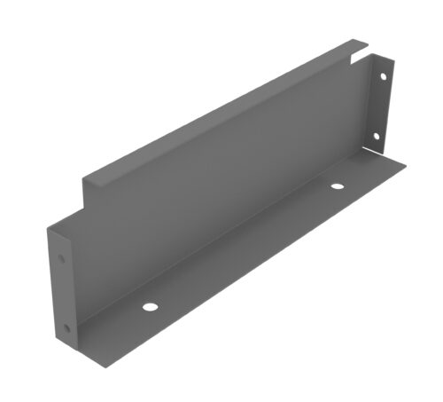 A gray metal bracket with a flat base and four holes for mounting. The design includes two vertical sections for added support, forming a channel.