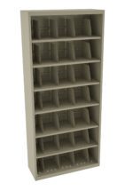 A tall, beige metal shelving unit with six horizontal shelves, each divided into multiple vertical sections. The unit is empty and stands against a plain background, designed for organizing and storing small items or documents.