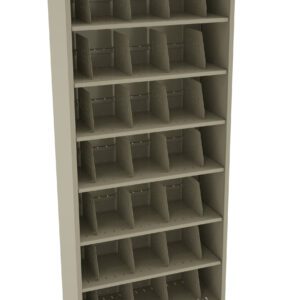 A tall, beige metal shelving unit with six horizontal shelves, each divided into multiple vertical sections. The unit is empty and stands against a plain background, designed for organizing and storing small items or documents.