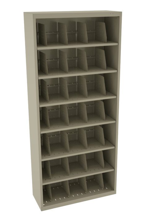 dhik4qwcmrhaiveolbco.jpg A tall, beige metal shelving unit with six horizontal shelves, each divided into multiple vertical sections. The unit is empty and stands against a plain background, designed for organizing and storing small items or documents.