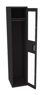 Image of an open black metal locker with a transparent window on the door. Inside, theres a hanging rod at the top and empty space below. The door is attached with hinges and includes a lock mechanism.
