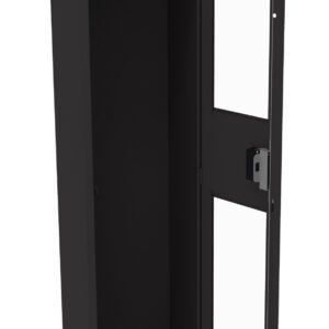 Image of an open black metal locker with a transparent window on the door. Inside, theres a hanging rod at the top and empty space below. The door is attached with hinges and includes a lock mechanism.