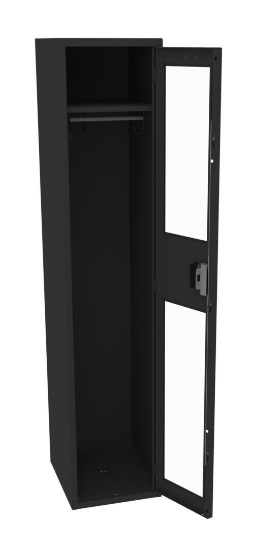 Image of an open black metal locker with a transparent window on the door. Inside, theres a hanging rod at the top and empty space below. The door is attached with hinges and includes a lock mechanism.