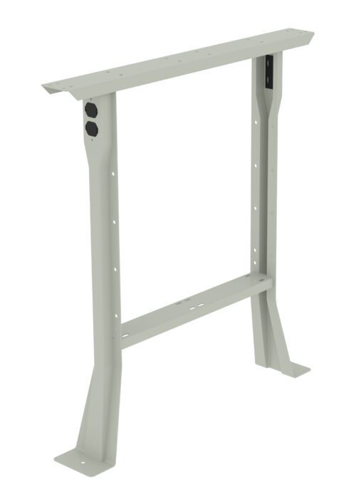 dhwld19n8x9nrl1isv1b.jpg A metal table frame stands upright with a rectangular top support and two angled legs. The frame is light gray and has bolt holes for assembly. The sturdy base is designed for attaching a tabletop.