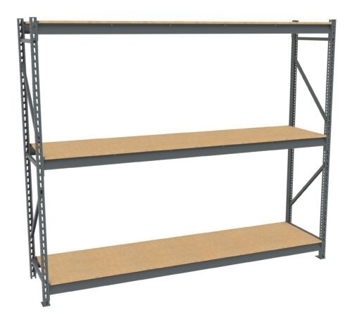 Metal shelving unit with three wooden shelves and a gray frame. The structure has open sides and adjustable beams, commonly used for storage in garages or warehouses. The shelves are evenly spaced and the unit is shown against a white background.