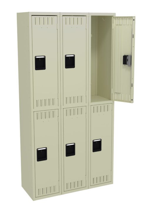 A beige metal locker unit with six compartments. Five doors are closed, and one in the top right corner is open, revealing a simple interior. Each door has a black handle and ventilation slots.
