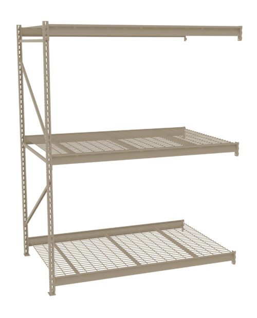 A beige metal storage rack with three shelves is shown. The bottom shelf has a wire design, while the top two have solid surfaces with perforations. The frame includes vertical support bars with holes for adjustable shelving.