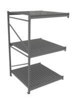 Gray metal shelving unit with three tiers. The shelves are slatted and open on the sides, supported by vertical and horizontal beams. The structure appears sturdy and industrial. The background is plain and white.