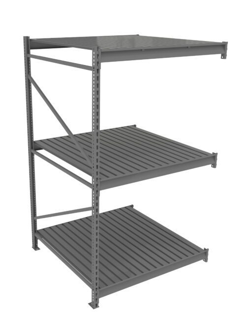 Gray metal shelving unit with three tiers. The shelves are slatted and open on the sides, supported by vertical and horizontal beams. The structure appears sturdy and industrial. The background is plain and white.