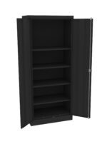 Black metal storage cabinet with four shelves and two open doors, positioned against a plain white background.