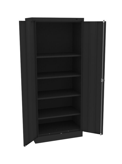 Black metal storage cabinet with four shelves and two open doors, positioned against a plain white background.