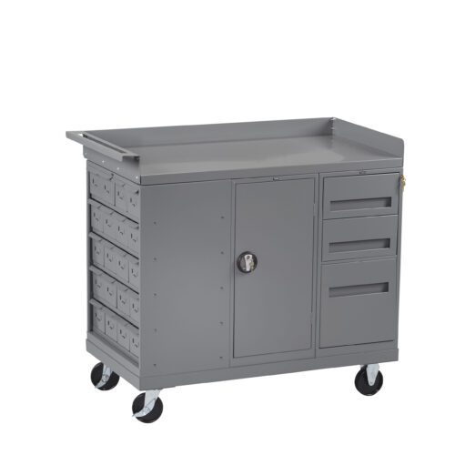 A gray metal rolling tool cart with multiple drawers and a central cabinet. It has swiveling wheels for mobility and a flat top surface. The cart features three small drawers on the left, two on the right, and a larger cabinet door in the middle.