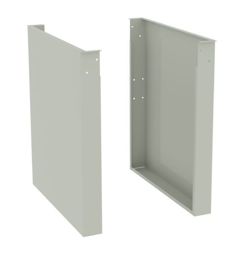 Two rectangular, light gray metal brackets stand upright, showing a simple design with several small circular holes. One bracket is facing forward, while the other is angled, revealing a recessed back.