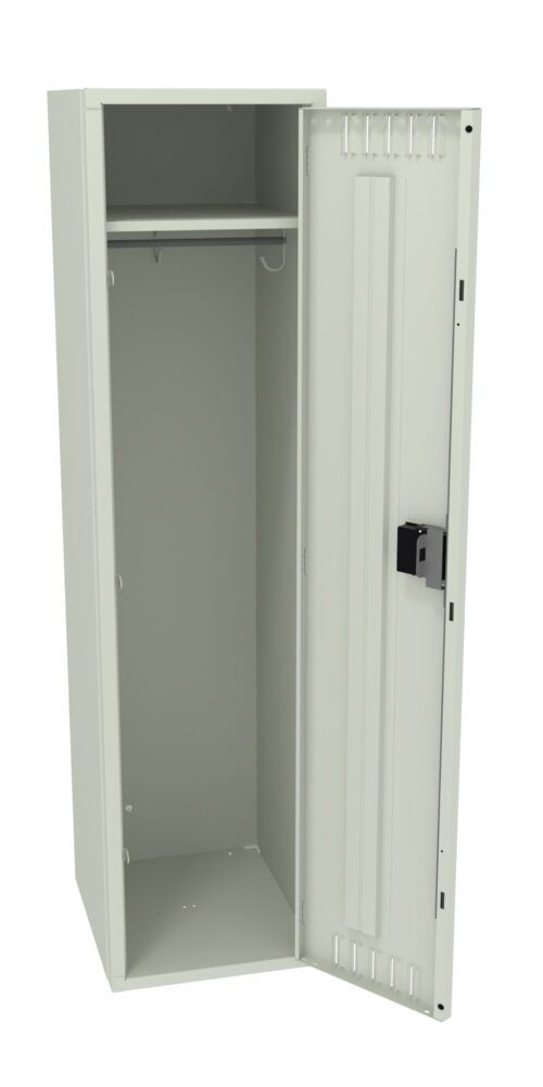 Open metal storage cabinet with one door ajar. Inside, theres an empty space with a hanging rod near the top. The cabinet is a light gray color, and the door has a black handle with a locking mechanism.