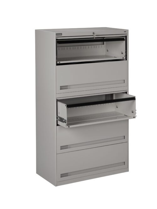 A tall, gray metal filing cabinet with four large drawers, two of which are open. The drawers have slim horizontal handles, and the cabinet has a minimalist design. The inside of the open drawers shows empty space for file storage.