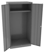 An open, empty gray metal cabinet with two doors and one shelf near the top. The interior shows evenly spaced holes along the sides for adjustable shelving options.