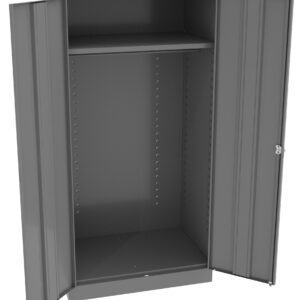 An open, empty gray metal cabinet with two doors and one shelf near the top. The interior shows evenly spaced holes along the sides for adjustable shelving options.