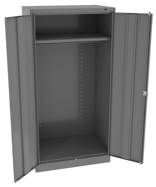 dl31kzsws3skqeprmzel.jpg An open, empty gray metal cabinet with two doors and one shelf near the top. The interior shows evenly spaced holes along the sides for adjustable shelving options.
