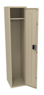 A beige metal locker is open, showing its interior. It has one shelf at the top and a coat rod for hanging items. The door is partially open, revealing a combination lock attached to the exterior.
