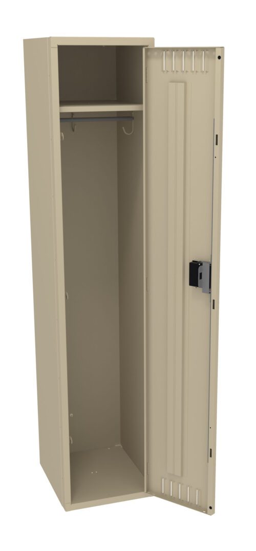 dlfbhdu6xddcm5dz5xnq.jpg A beige metal locker is open, showing its interior. It has one shelf at the top and a coat rod for hanging items. The door is partially open, revealing a combination lock attached to the exterior.