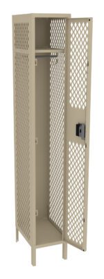 A beige, metal locker with a perforated design and an open door. The interior features a hanging rod. The locker stands on four legs and has a lock mechanism on the door.