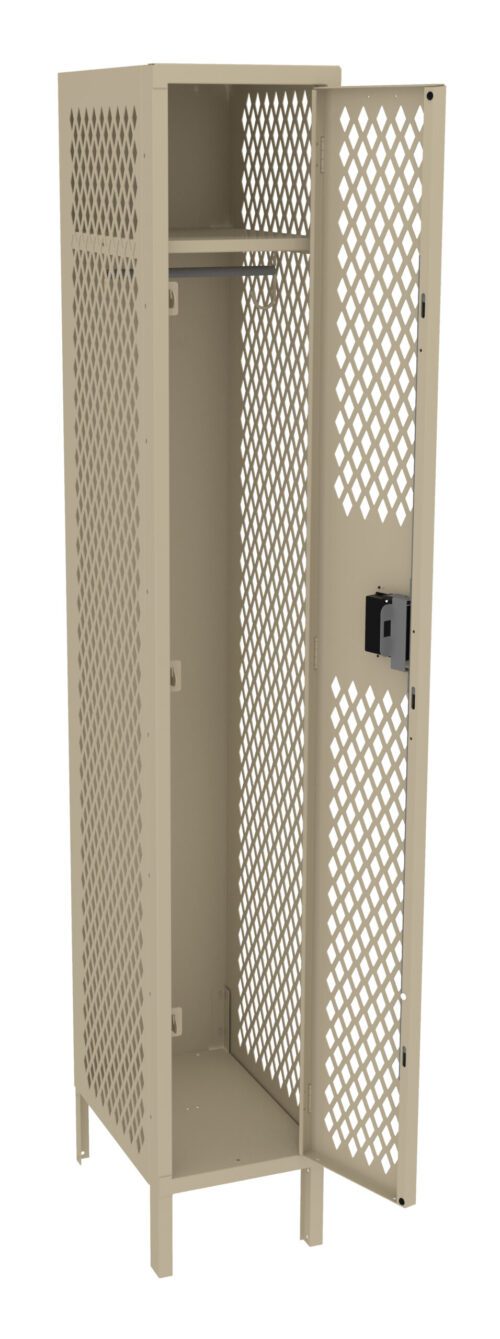 A beige, metal locker with a perforated design and an open door. The interior features a hanging rod. The locker stands on four legs and has a lock mechanism on the door.