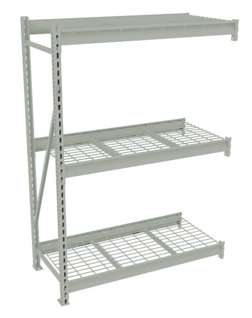dlnqmusfykdu76gj3eht.jpg A light gray metal shelving unit with three wire shelves and a solid top shelf. The shelves are supported by vertical beams on the sides, suitable for storage or organization. The design is industrial and functional.