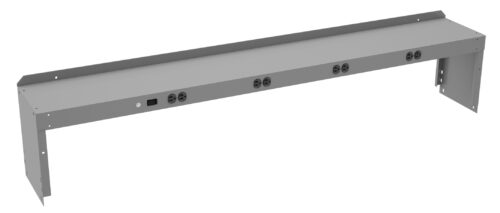 A long, rectangular metal power strip with multiple sockets and power switches, designed for under-desk mounting. It features brackets on each end for secure installation. The strip is gray and has a sleek, industrial design.