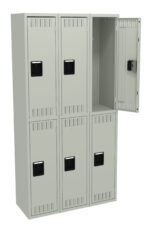 A beige metal locker unit with six compartments, arranged in two rows of three. One door in the top row is open, showing the empty interior. Each door has a black handle and ventilation slits.