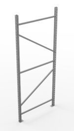 Metal shelving frame with vertical supports featuring holes at regular intervals, and diagonal cross-braces for stability. The frame is freestanding on a plain white background, designed for adjustable shelving units.