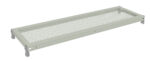 Illustration of a light gray metal shelving unit with a perforated design. The shelf has a mesh-like surface supported by a solid frame and is angled slightly to show depth.