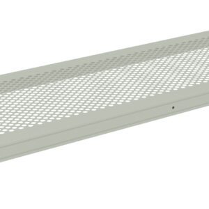 Illustration of a light gray metal shelving unit with a perforated design. The shelf has a mesh-like surface supported by a solid frame and is angled slightly to show depth.