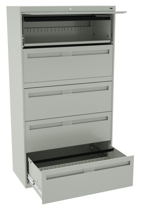 A tall metal filing cabinet with five drawers, four of which are closed. The bottom drawer is open, revealing its empty interior. The cabinet is light gray and designed for office use.